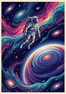 Astronaut floating in a colorful galaxy