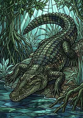 Stained Glass Crocodile in Swamp