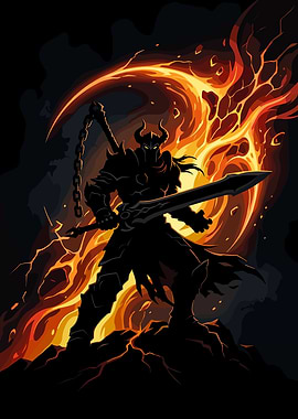 Dark Knight Silhouette with Fiery Background