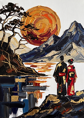 Couple in Kimonos by a Lake at Sunset