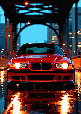 Red BMW on Wet City Street