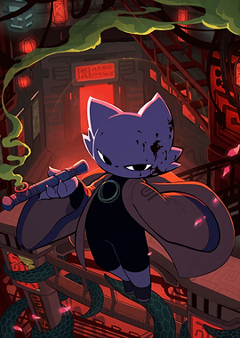 Anime Cat Character with Flute in Neon City