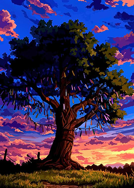 Tree with prayer ribbons at sunset