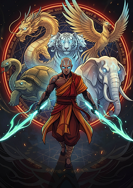 Monk with Mythical Creatures