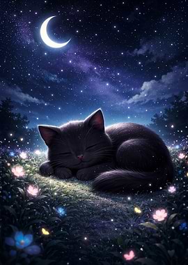 Sleeping Black Cat Under Crescent Moon
