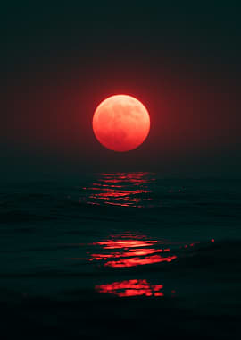 Red Moon Over Dark Ocean