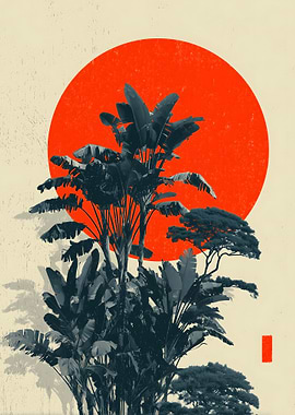 Tropical Foliage and Rising Red Sun
