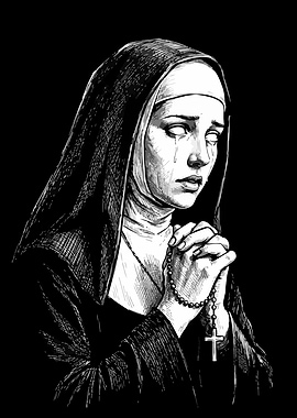 Crying Nun Praying with Rosary