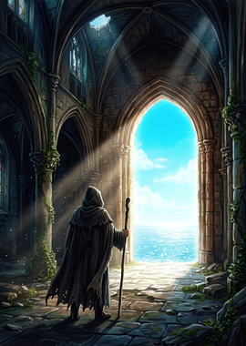 Mysterious Wanderer at Ruined Archway