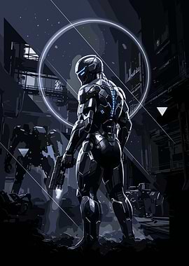 Futuristic Soldier in Dystopian Sci-Fi City