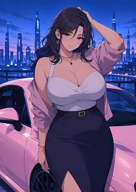 Anime Girl Posing with Pink Car at Night