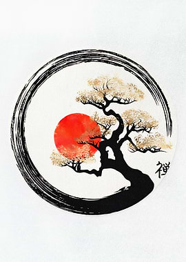 Zen Bonsai Tree with Red Sun
