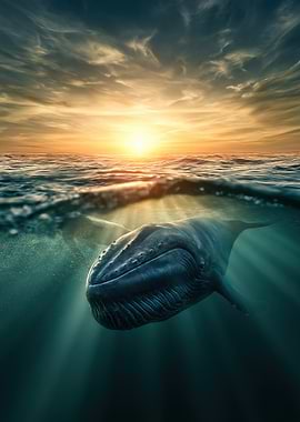 Majestic Whale Swimming Under Golden Sunset