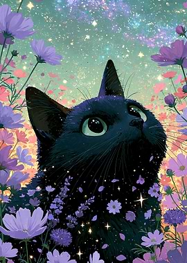 Black Cat in a Cosmic Flower Field