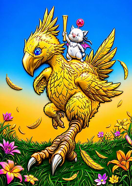 Chocobo and Moogle in a Vibrant Flower Field