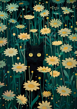 Black cat in a field of daisies