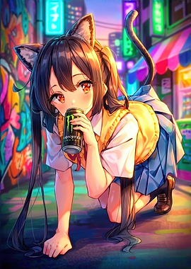 Neko Girl Drinking Monster Energy