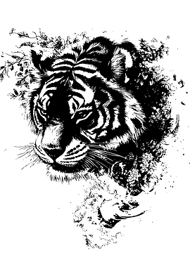 Black and White Tiger with Flowers