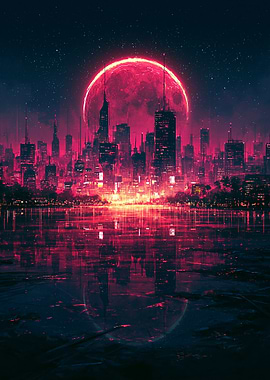 Cyberpunk Cityscape with Red Moon