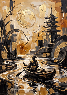 Man in Boat with Pagoda and Moon