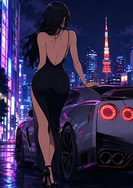 Anime Woman in Black Dress with Sports Car