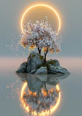 Serene Cherry Blossom Island with Neon Halo