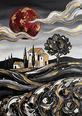 Abstract Tuscan Landscape with Red Moon