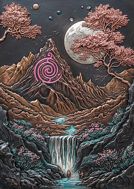 Fantasy Landscape with Waterfall and Moon