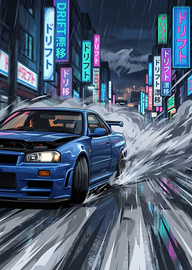 Neon Street Drift With Blue Skyline R34