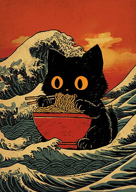 Black Cat Eating Ramen in Great Wave