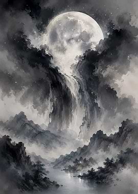 Moonlit Waterfall in Misty Mountains