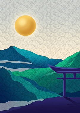 Japanese Landscape with Torii Gate and Sun