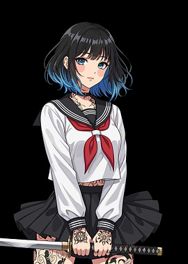 Tattooed Anime Girl with Katana
