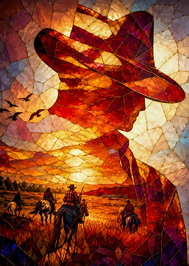 Stained Glass Cowboy Sunset Silhouette