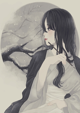 Woman with Calligraphy Brush in Winter