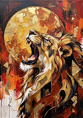 Roaring Lion with Golden Moon