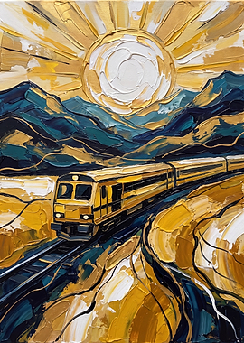 Impasto Train Journey Under Golden Sun