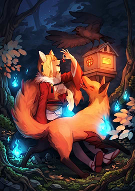 Kitsune Girl and Spirit Fox in Mystical Forest