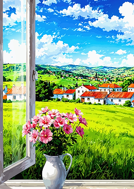 Scenic Village View from an Open Window
