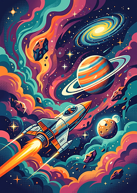 Retro Space Rocket Adventure Illustration