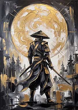 Samurai Warrior Under Golden Moon Painting
