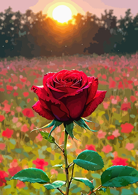 Red Rose in a Sunset Field