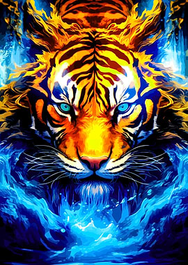 Fiery Tiger Emerging from Blue Water