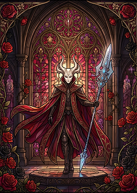 Masked Horned Warrior in Stained Glass Cathedral