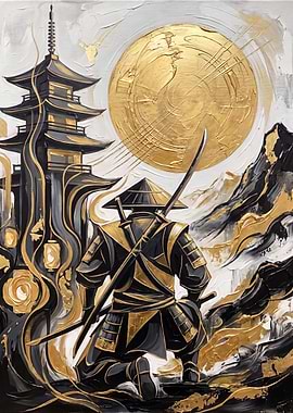 Golden Samurai and Pagoda Landscape