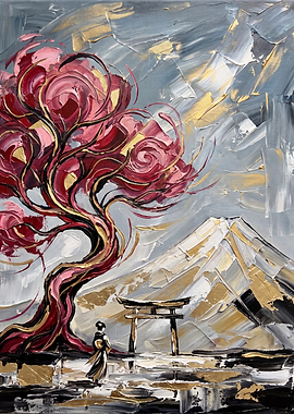 Impressionist Japanese Landscape with Cherry Blossom