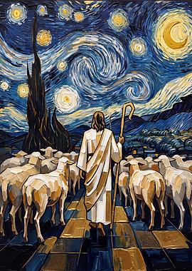 The Good Shepherd Under a Starry Night