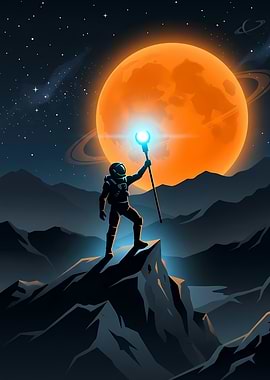 Astronaut with Glowing Staff on Alien Planet