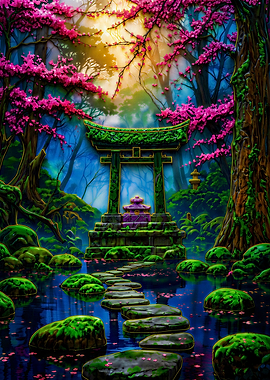 Vibrant Japanese Forest with Torii Gate