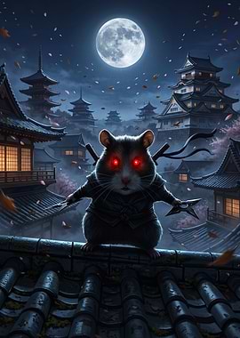 Ninja Hamster on a Japanese Rooftop